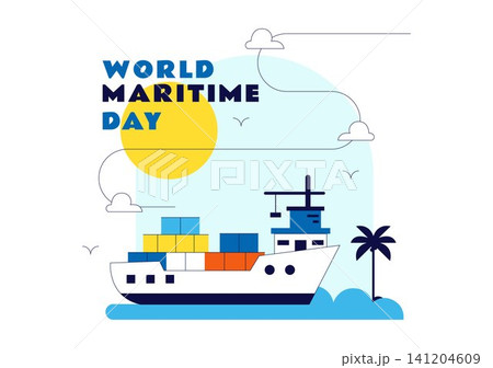 World Maritime Day Vector Illustration Featuring Cargo Ship, Lighthouse, Marine Navigation, Ocean Transportation, Global Shipping, and Seaport World Maritime Day Vector Illustration Featuring Cargo Ship, Lighthouse, Marine Navigation, Ocean Transportation, Global Shipping, and Seaport 141204609