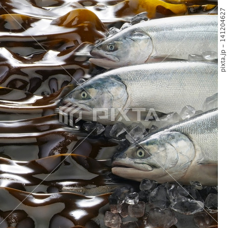 瑞々しい真昆布を敷き詰めた背景に新鮮な太った秋鮭3尾を並べた上体アップ写真。 141204627