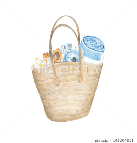 A watercolor woven straw beach bag with accessories for a beach vacation at the seaside. SPF cream, a plumeria flower hair clip, and travel sunglasses are included. The striped towel is hand-painted. 141204811