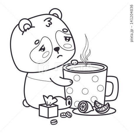 Outline Sick Panda Sitting with Hot Tea Cup, Pills and Tissues. Sad Cartoon Kawaii Bear Character with Cold, Flu Symptoms, Lemon Slice and Medicine. Line drawing, coloring page Vector Illustration. 141204836