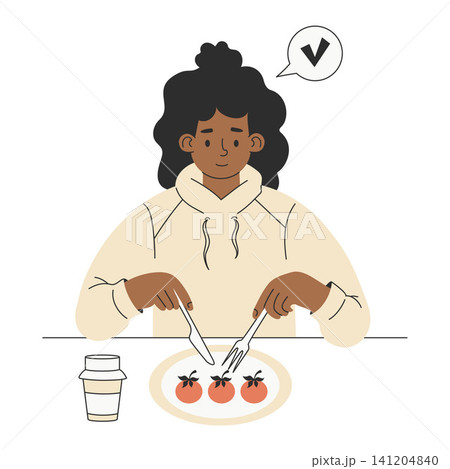 Neurodiversity. Autistic Black Woman Eating Symmetrical Identical Food Row Tomatoes on Plate. Safe Food and Sensory Regulation. Selective Eating Disorder Awareness. Minimalistic Vector Illustration 141204840