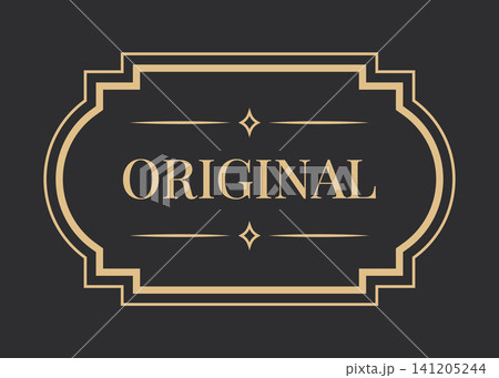 Original vintage label with gold ornate frame, elegant retro typography and decorative dividers on dark background for premium branding, packaging, logo, invitation and classic emblem design 141205244