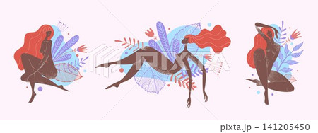 Modern abstract female silhouette with elegant line art and boho nature leaves, contemporary style. Posters, wall art, spa and yoga branding, beauty products, prints, logos, and modern interior decor Modern abstract female silhouette with elegant line art and boho nature leaves, contemporary style. Posters, wall art, spa and yoga branding, beauty products, prints, logos, and modern interior decor 141205450