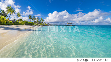Wide tropical beach panorama with palms, white sand and calm turquoise lagoon. Overwater restaurant in distance under blue sky with clouds, sunny island day. Classic paradise coastline for traveling Wide tropical beach panorama with palms, white sand and calm turquoise lagoon. Overwater restaurant in distance under blue sky with clouds, sunny island day. Classic paradise coastline for traveling 141205818
