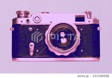 Vintage retro camera in Risograph style with textured print effect, Graphic element for photography, branding and creative design 141206086