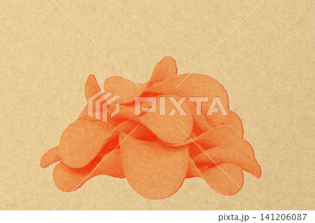 Pile of potato chips in Risograph style with textured vintage print effect, Graphic food element for branding and creative design 141206087
