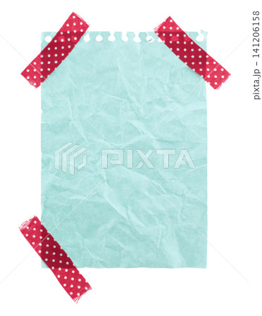 Crumpled sheet of notepad paper attached by adhesive tape, isolated on transparent background. Office blank paper concept 141206158