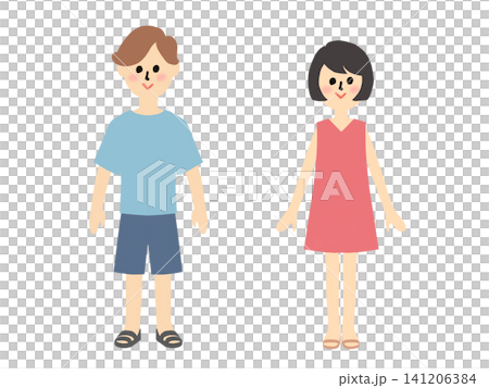 身穿短袖服裝的男女站立人像：包括兒童和成人。 141206384