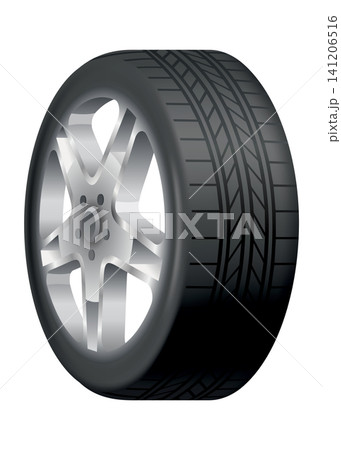 Car tire of rubber with disk. Vector realistic tire. Automobile wheel and maintenance. Truck or vehicle repairing and replacement for next season Car tire of rubber with disk. Vector realistic tire. Automobile wheel and maintenance. Truck or vehicle repairing and replacement for next season 141206516