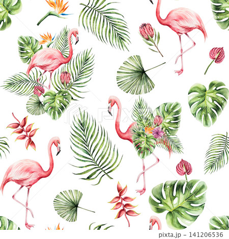 Pink flamingo bird, leaves of a palm tree, monstera and Strelitzia, protea, red anthurium flowers. Watercolor hand drawn isolated illustration on transparent background. Perfect for tropical design pr 141206536