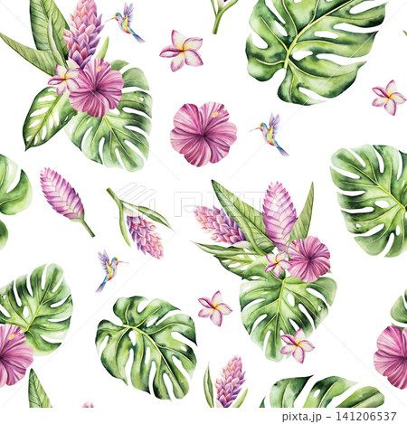 Tropical seamless pattern, Hummingbird, blooming frangipani, curcuma, flowers on on a branch. Watercolor hand drawn monstera leaf plumeria, Ginger plant. Isolated botanical illustration on transparent 141206537