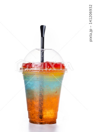 Colorful Frozen Slushie Drink in Plastic Cup 141206932