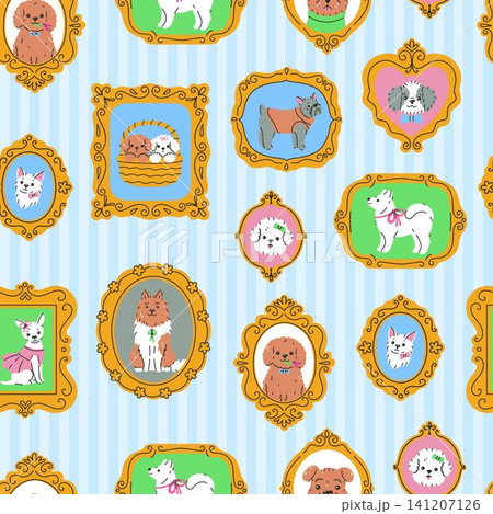Seamless pattern with cute dog portraits in golden frames. Vector graphics. Seamless pattern with cute dog portraits in golden frames. Vector graphics. 141207126
