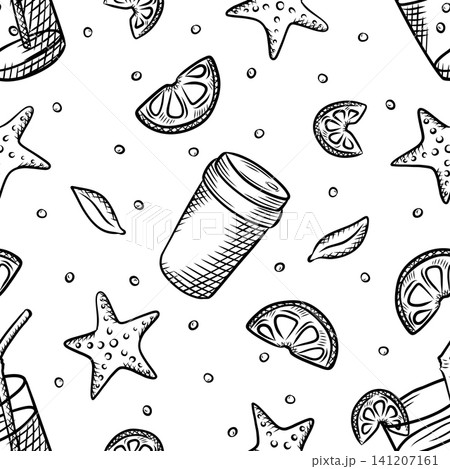 Summer seamless pattern, hand-drawn, for fabric, tourism, and factories. Coconut, sea, beach, drinks. Summer seamless pattern, hand-drawn, for fabric, tourism, and factories. Coconut, sea, beach, drinks. 141207161