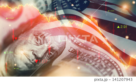 Chart shows money flow and recession indicators with US flag in background Chart shows money flow and recession indicators with US flag in background 141207943