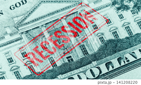 Visual depiction of recession impact on money with stamped text on dollar bill Visual depiction of recession impact on money with stamped text on dollar bill 141208220