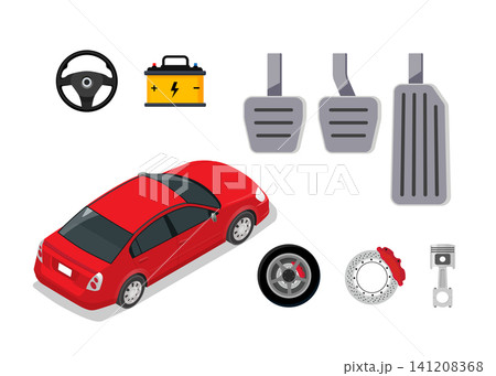 isometric red sedan car and mechanical auto parts collection 141208368