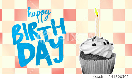 Celebration of a happy birthday with a cupcake and candle in a festive setting Celebration of a happy birthday with a cupcake and candle in a festive setting 141208562