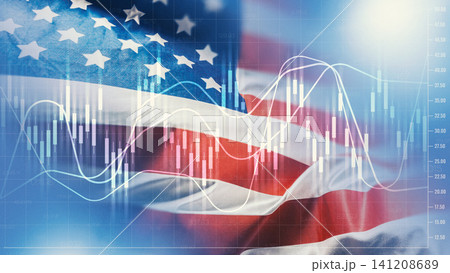 Chart shows money trends with a flag backdrop reflecting economic conditions in the market Chart shows money trends with a flag backdrop reflecting economic conditions in the market 141208689