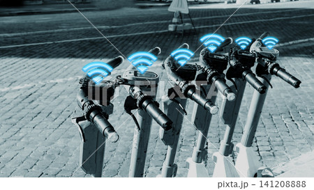 Foot scooters with facial recognition technology for surveillance in a city area Foot scooters with facial recognition technology for surveillance in a city area 141208888