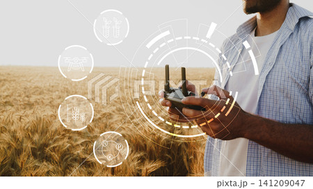 Smart farm technology in action with a drone controller and wheat field at sunset 141209047