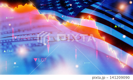 Chart shows declining money value against background of US flag and dollar bills during recession Chart shows declining money value against background of US flag and dollar bills during recession 141209090