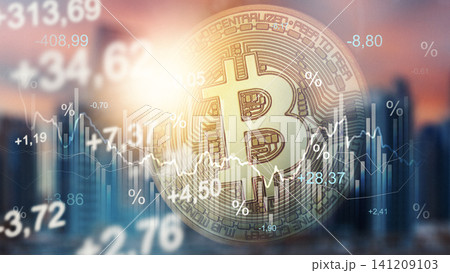 Chart showing money trends with cryptocurrency data in a city setting Chart showing money trends with cryptocurrency data in a city setting 141209103