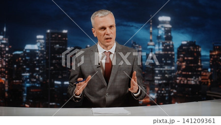 Professional News Presenter in Grey Jacket and Red Tie Delivering in depth News Analysis Professional News Presenter in Grey Jacket and Red Tie Delivering in depth News Analysis 141209361