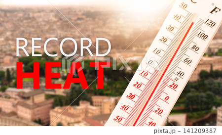 Record heat seen in city during summer months with thermometer showing high temperature levels Record heat seen in city during summer months with thermometer showing high temperature levels 141209387