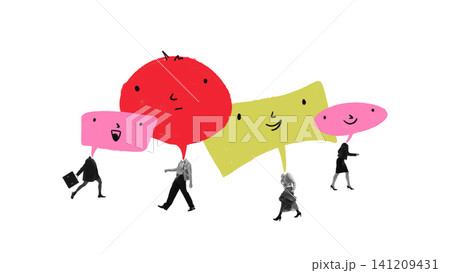 Professionals walking with colorful speech bubbles replacing their heads. Professionals walking with colorful speech bubbles replacing their heads. 141209431