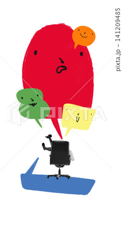 Office professional surrounded by colorful speech bubbles while sitting in chair. Office professional surrounded by colorful speech bubbles while sitting in chair. 141209485