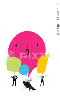 Professionals surrounded by expressive speech bubbles during workplace communication. Professionals surrounded by expressive speech bubbles during workplace communication. 141209507