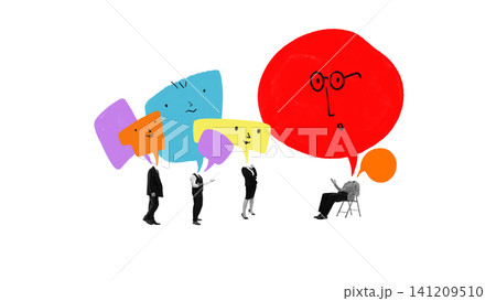 Professionals exchanging opinions through colorful speech bubbles during group discussion Professionals exchanging opinions through colorful speech bubbles during group discussion 141209510