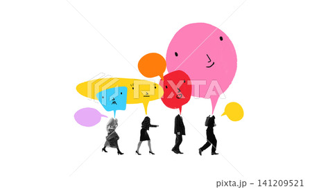 Diverse professionals walking beneath overlapping colorful speech bubbles. 141209521