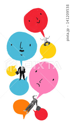 Business people surrounded by expressive speech bubbles in vertical communication collage. Business people surrounded by expressive speech bubbles in vertical communication collage. 141209538