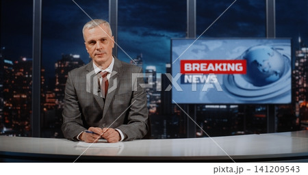 Main Information Channel Journalist Analyzing Global Processes in 24 7 News Format Main Information Channel Journalist Analyzing Global Processes in 24 7 News Format 141209543