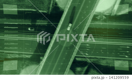 Surveillance view of a highway showing traffic patterns and vehicle movement 141209559