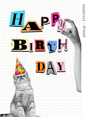 Celebration of a happy birthday with decorations and a cat looking at the greeting 141209563