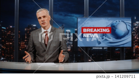Professional National News Marathon Presenter Reporting Live on International Events 141209711