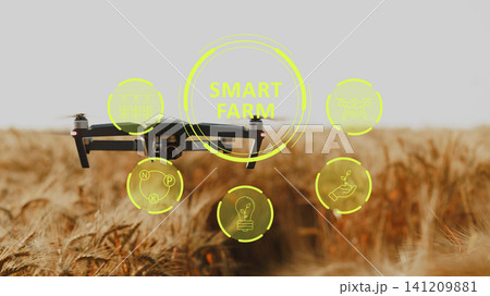 Drone flying over a smart farm demonstrating modern agricultural technology in action Drone flying over a smart farm demonstrating modern agricultural technology in action 141209881