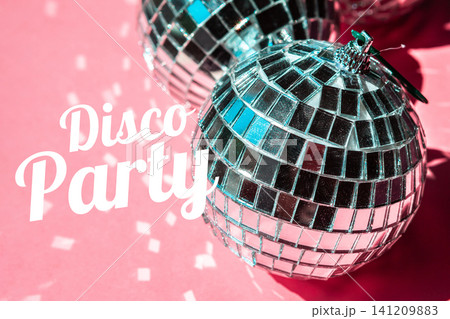 Celebration for a happy birthday with disco theme and shiny decorations Celebration for a happy birthday with disco theme and shiny decorations 141209883