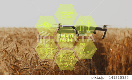 Smart farm uses drone technology for crop management in wide fields during daylight Smart farm uses drone technology for crop management in wide fields during daylight 141210523