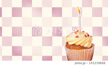 Happy birthday celebration with cupcake and candle on checkered background Happy birthday celebration with cupcake and candle on checkered background 141210688