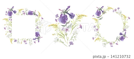 Watercolor soft purple flower frame collection with floral bouquet for wedding invitation card design. Artistic botanical floral clipart with wild purple petunia flower isolated. Hand painted frame. 141210732