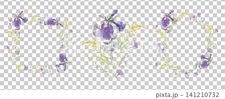 Watercolor soft purple flower frame collection with floral bouquet for wedding invitation card design. Artistic botanical floral clipart with wild purple petunia flower isolated. Hand painted frame. 141210732