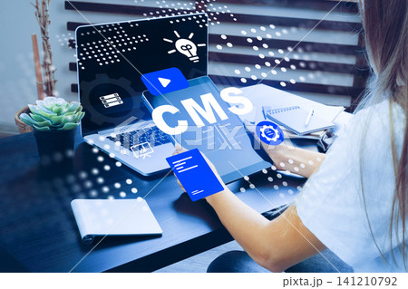 Working on a Content Management System at a desk with a laptop and tablet in an office 141210792