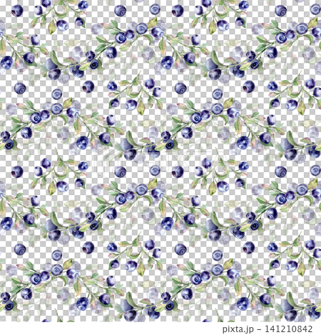 Bilberry pattern with watercolor hand drawn wild berries and green leaves isolated white. Seamless rippled background of forest fruit for kitchen textile, wrapping paper, wallpaper and surface design. 141210842