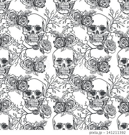 Human skull seamless pattern with vintage roses and tree branches. Hand drawn vector illustration for Halloween in a graphic style. Black ink clip art for textiles, wrapping paper and covers. 141211392