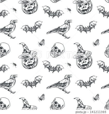 Halloween seamless pattern with pumpkins in hats, skulls, bats and crows. Hand drawn vector illustration in a graphic style. Black ink clip art for textiles, wrapping paper and covers. Halloween seamless pattern with pumpkins in hats, skulls, bats and crows. Hand drawn vector illustration in a graphic style. Black ink clip art for textiles, wrapping paper and covers. 141211393