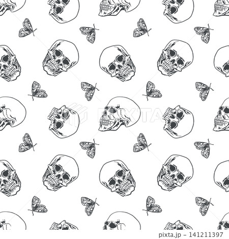 Human skull seamless pattern with flying butterflies. Hand drawn vector illustration for Halloween in a graphic style. Black ink clip art for textiles, wrapping paper and covers. Human skull seamless pattern with flying butterflies. Hand drawn vector illustration for Halloween in a graphic style. Black ink clip art for textiles, wrapping paper and covers. 141211397